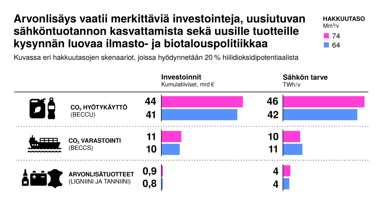 Arvonlisäys vaatii merkittäviä investointeja, uusiutuvan sähköntuotannon kasvattamista sekä uusille tuotteille kysynnän luovaa ilmasto- ja biotalouspolitiikkaa