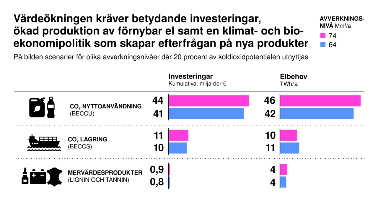Värdeökningen kräver betydande investeringar, ökad produktion av förnybar el samt en klimat- och bioekonomipolitik som skapar efterfrågan på nya produkter
